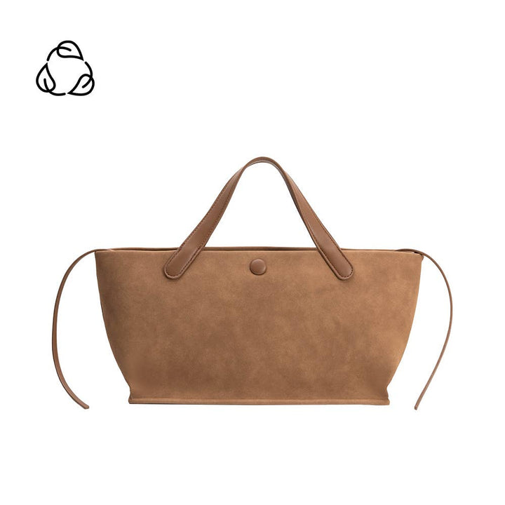 Tan suede-textured vegan tote with two short handles, long side ties, and a small circular snap on the front.