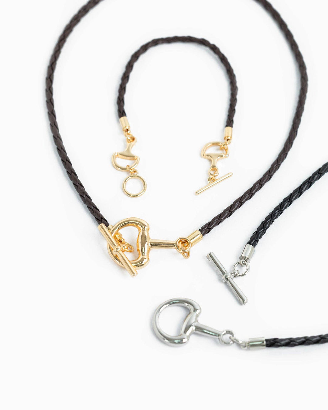 Horsebit Toggle Braided Leather Cord Necklace Sessori