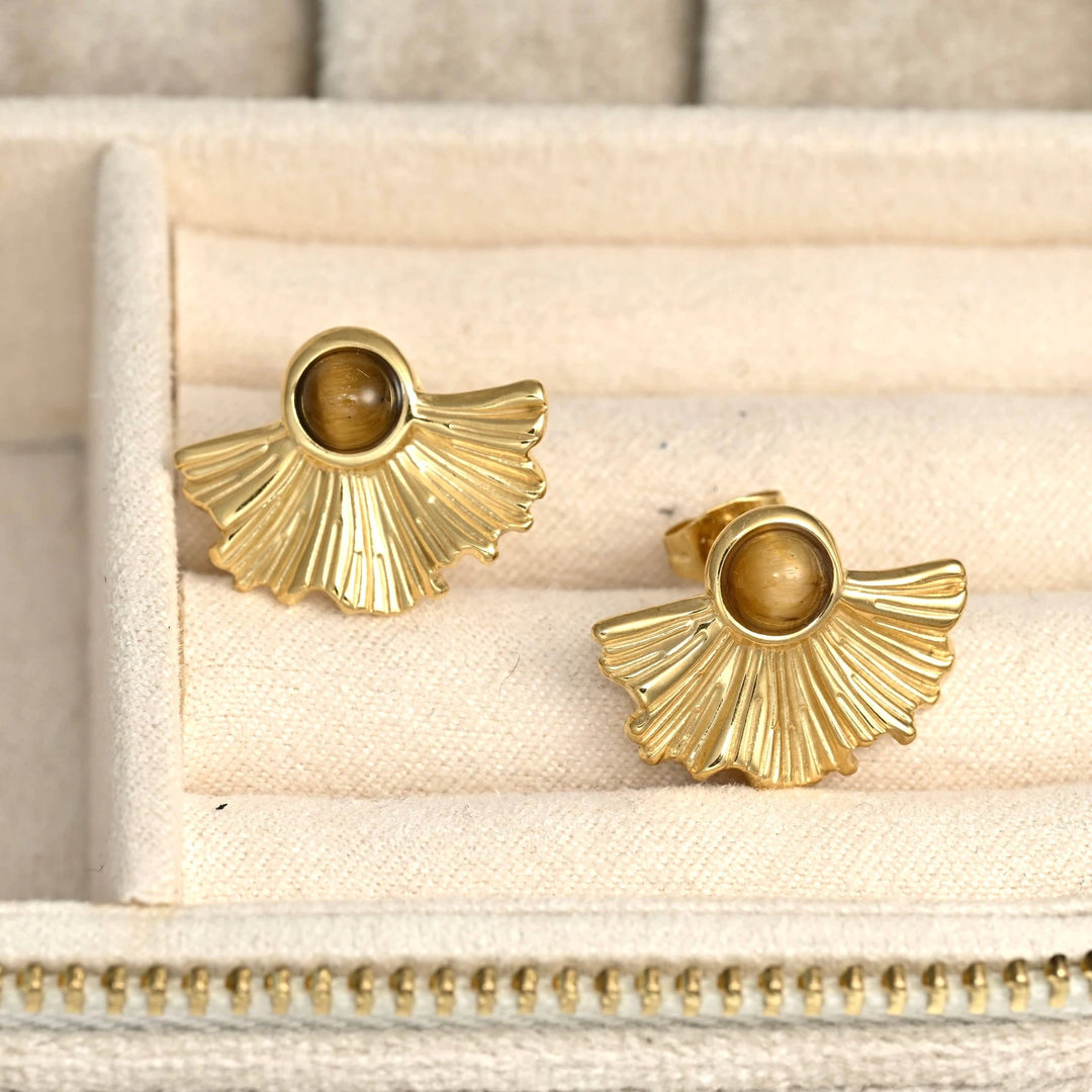 Gold-tone medium fan earrings with tiger eye cabochons, vintage-style pair