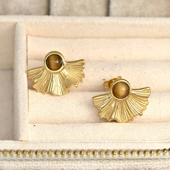 Gold-tone medium fan earrings with tiger eye cabochons, vintage-style pair