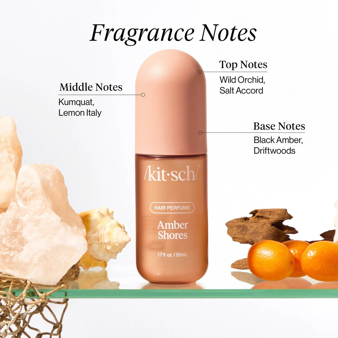 KITSCH Amber Shores Hair Perfume bottle in peach-nude with pink cap; top notes: wild orchid.
