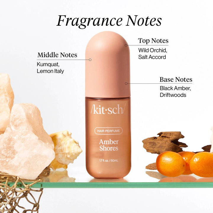 KITSCH Amber Shores Hair Perfume bottle in peach-nude with pink cap; top notes: wild orchid.