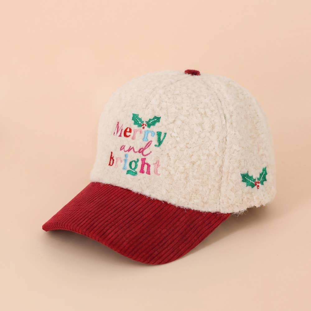 Merry And Bright Embroidered Sherpa Baseball Cap
