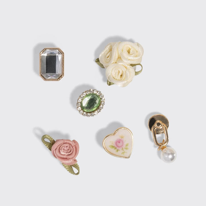 KitschPop Charms 6pc Set in Vintage Ivory; cream roses, green gemstone halo, heart floral charm, pink rose, pearl clip