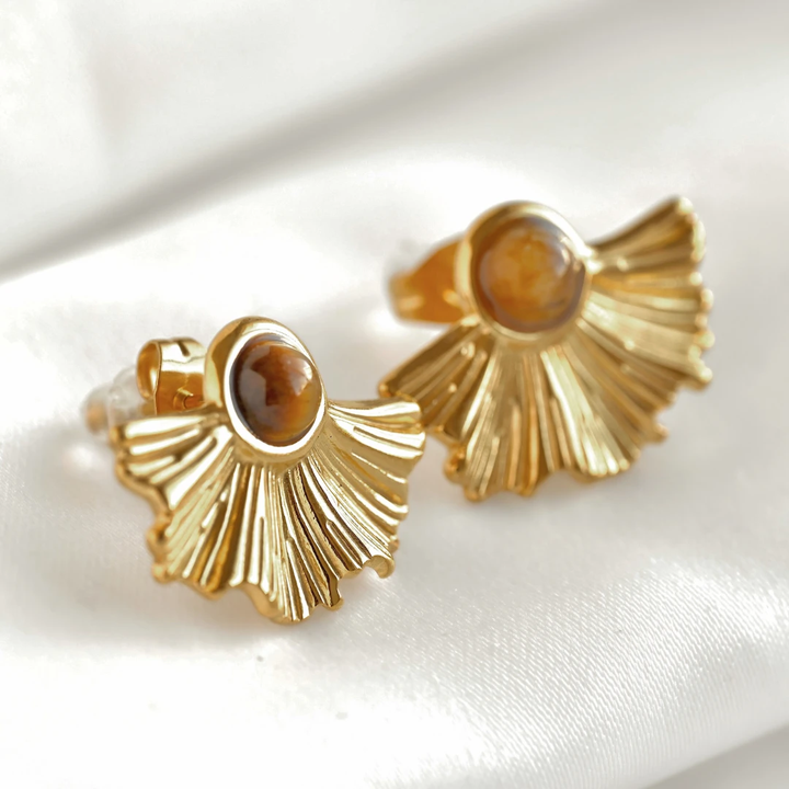 Medium fan earrings in gold-tone with tiger eye cabochons (pair)