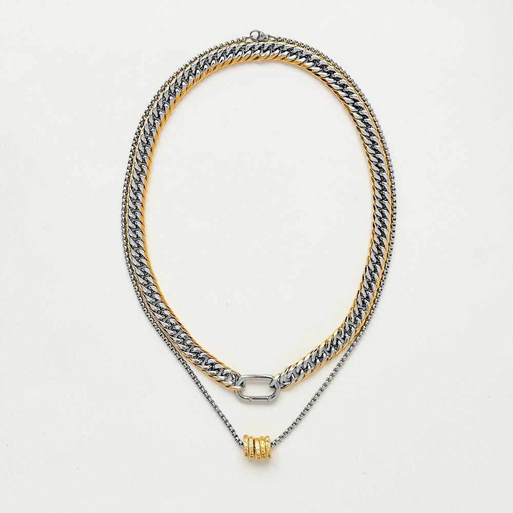 Milan Stack Necklace 18K Gold Two Tone Layered Chain (17.7” &amp; 19.7”)