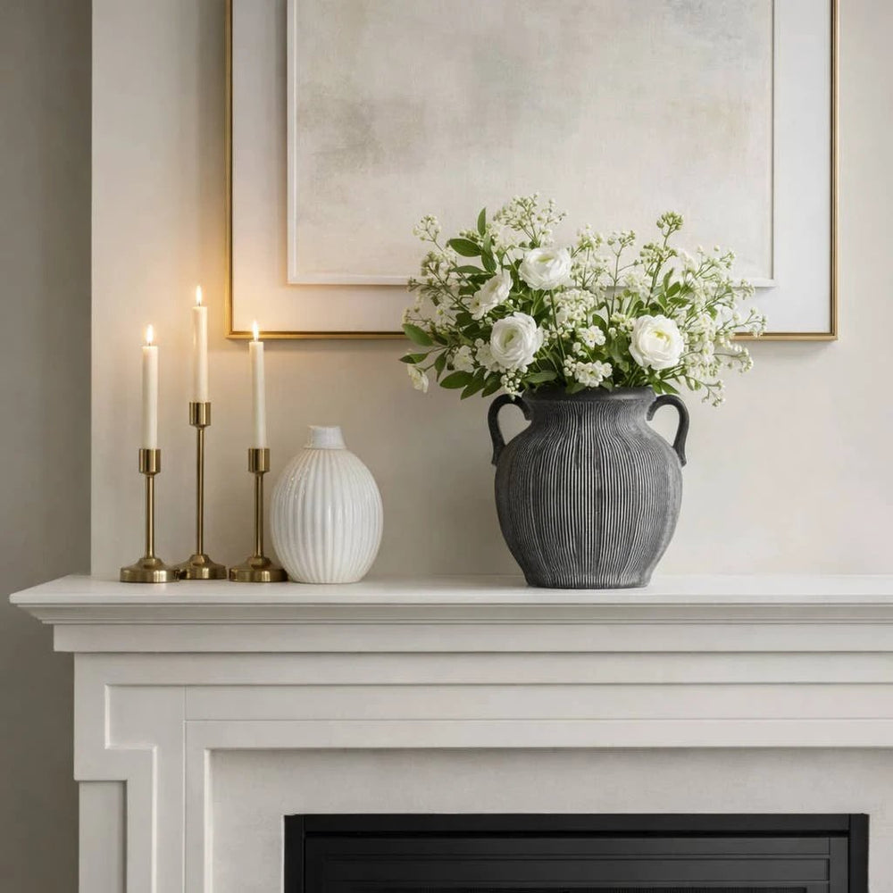 Ceramic Ribbed Texture Weathered Handle Vase - Black, 10 in. Sagebrook Home
