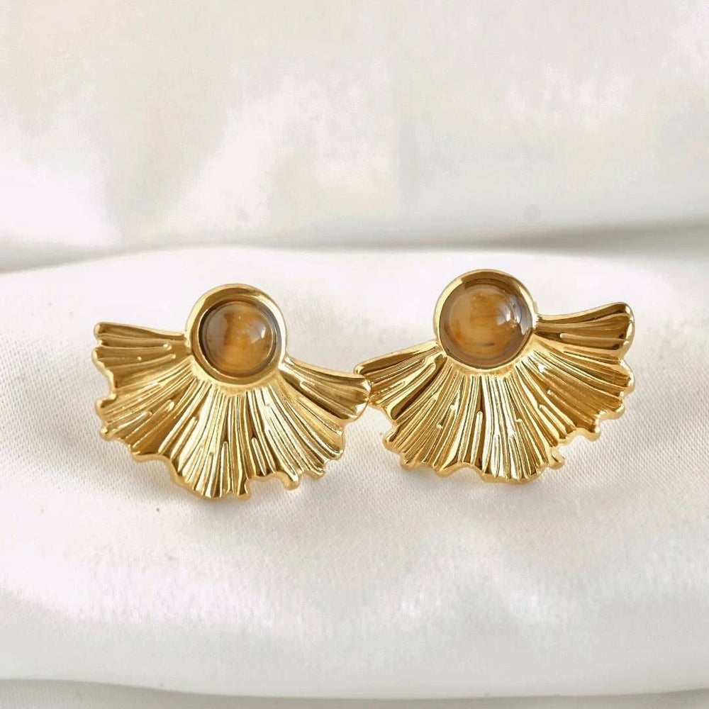 Medium fan earrings in gold-tone with tiger eye cabochons; Blueyejewelry vintage style pair
