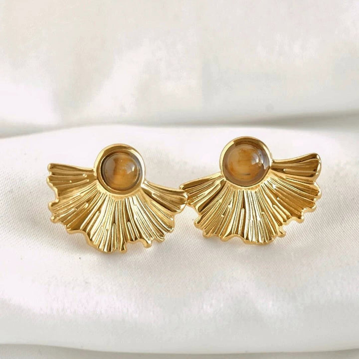 Medium fan earrings in gold-tone with tiger eye cabochons; Blueyejewelry vintage style pair