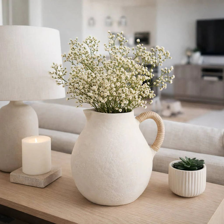 Vase - Ivory Pottery Paper Mache with Rattan Handle, 12 in Sagebrook Home