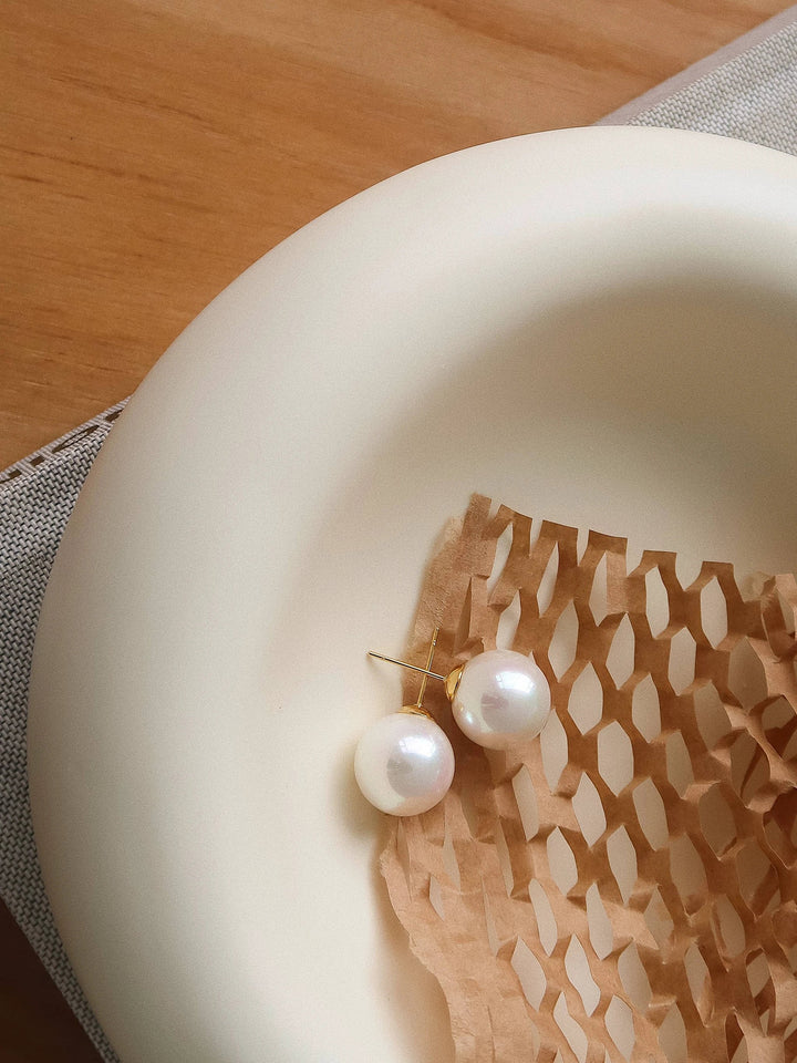 Amrae pearl stud earrings, 18K gold non-tarnish with white pearls on gold posts (pair) by Flânerie by MAIQ