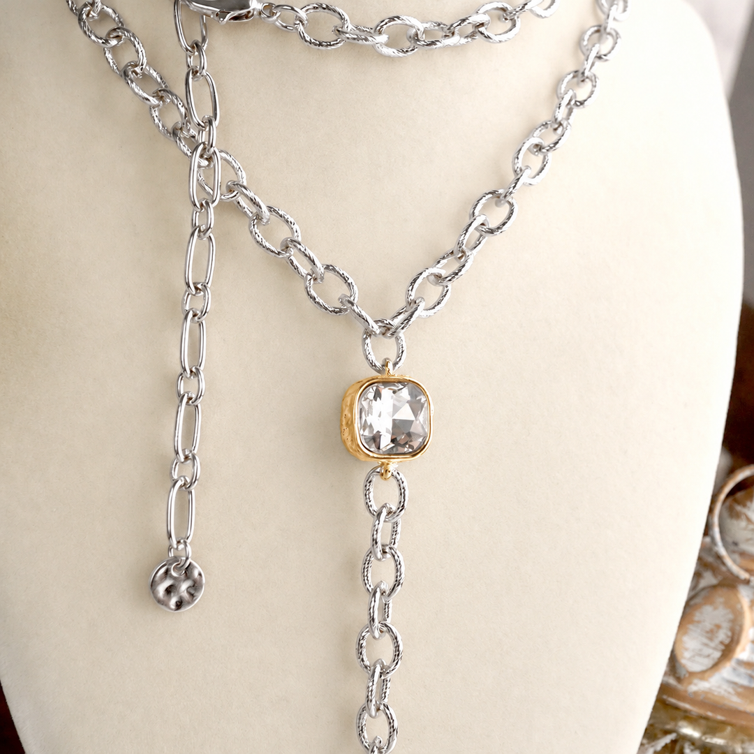 Two Tone Regal Crest Coin Crystal Lariat Necklace Gold Silver Tone