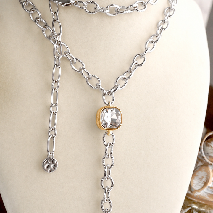 Two Tone Regal Crest Coin Crystal Lariat Necklace Gold Silver Tone