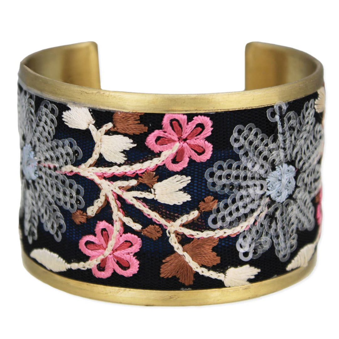 Black & Pink Embroidered Cuff Bracelet