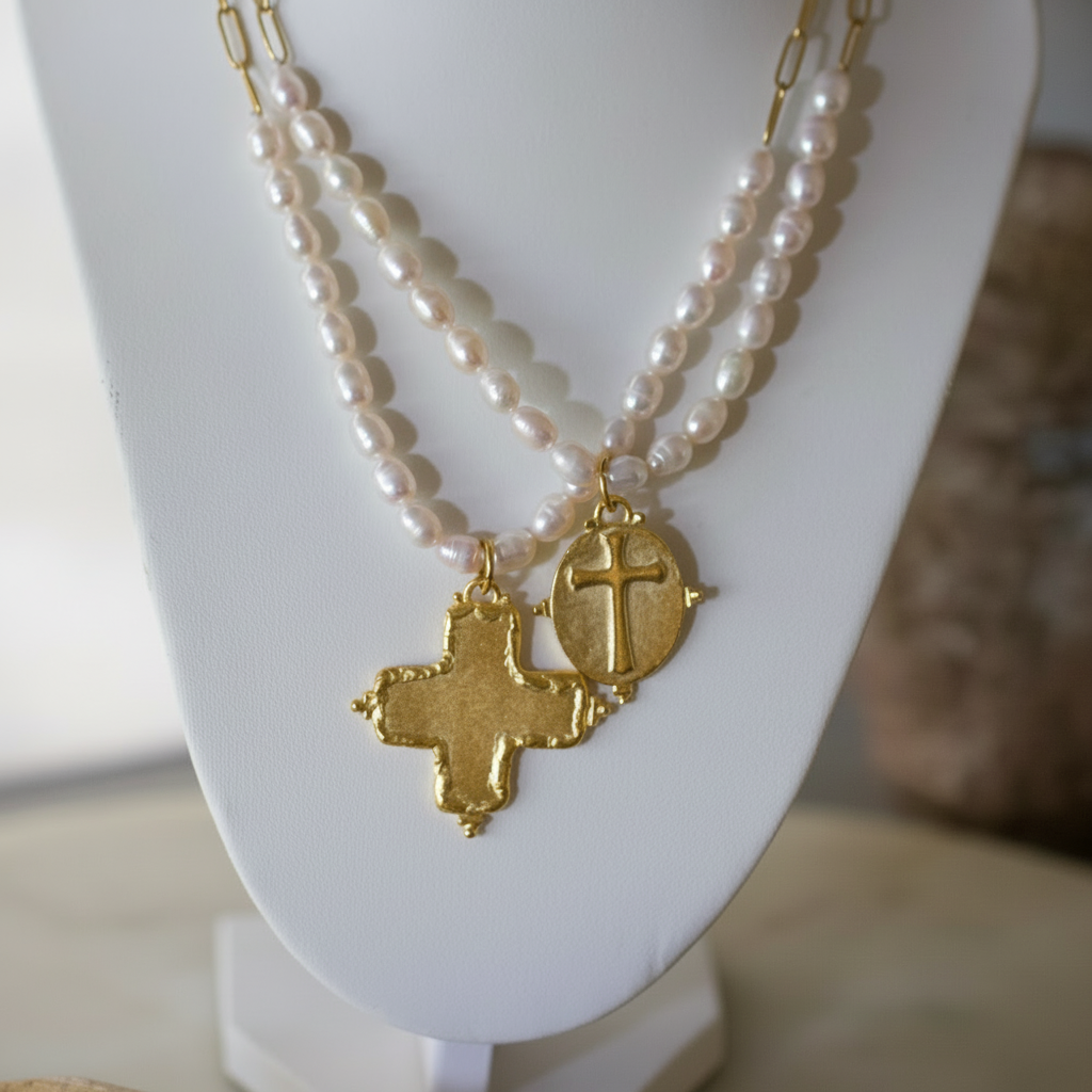 Pearl Cross Necklace 14K Gold Plated Freshwater Pearl