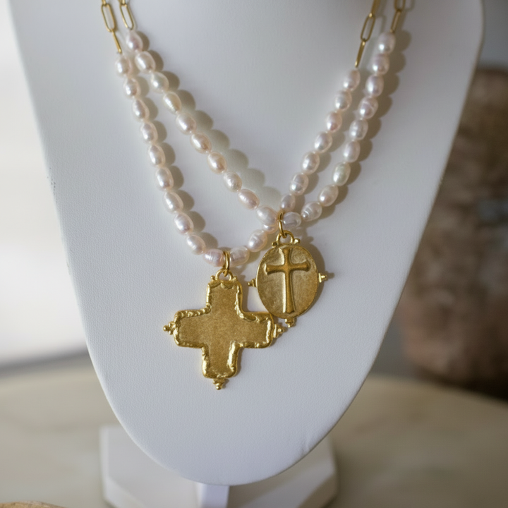 Pearl Cross Necklace 14K Gold Plated Freshwater Pearl