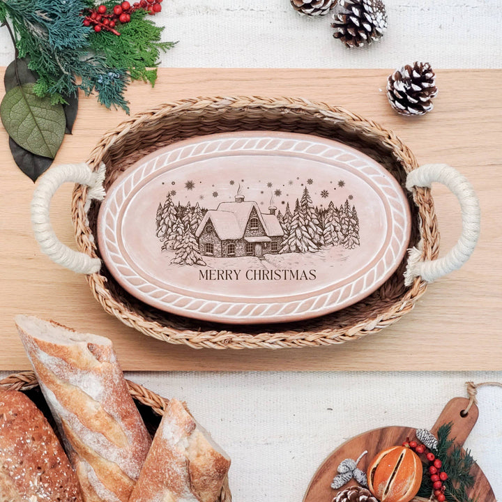 Handmade Bread Warmer & Wicker Basket - Christmas Oval