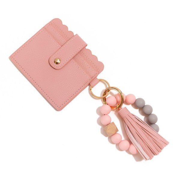 Beaded Bracelet Keyring With Vegan Leather Wallet & Tassel