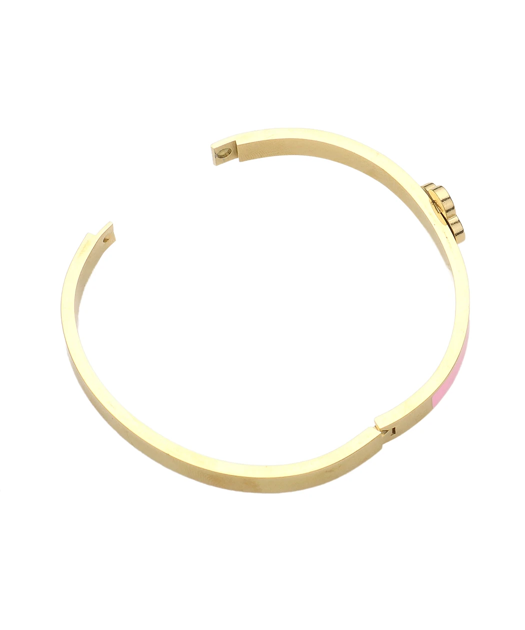 Gold-tone open bangle with pink enamel clover accent.
