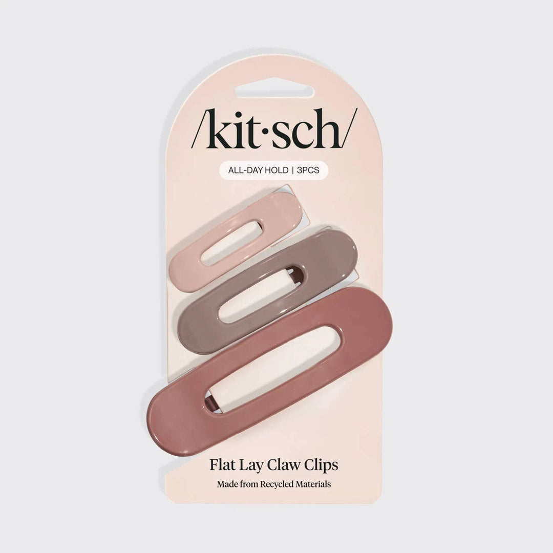KITSCH Flat Lay Claw Clips 3pc set on pastel pink display card, glossy terracotta-toned clips for all-day hold