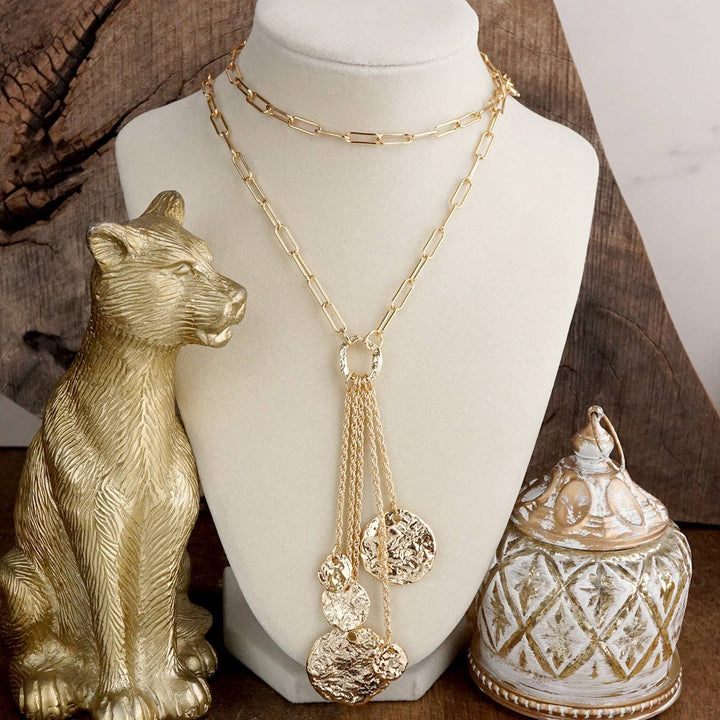 Gold Molten Multi Coin Cascading Tassel Long Necklace