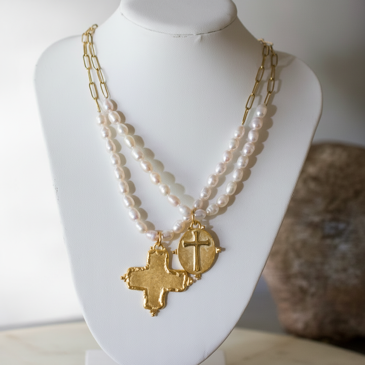 Pearl Cross Necklace 14K Gold Plated Freshwater Pearl