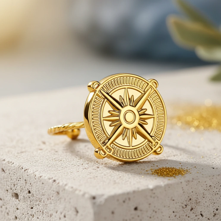 Gold-plated stainless steel compass rose ring with adjustable band on a textured beige surface