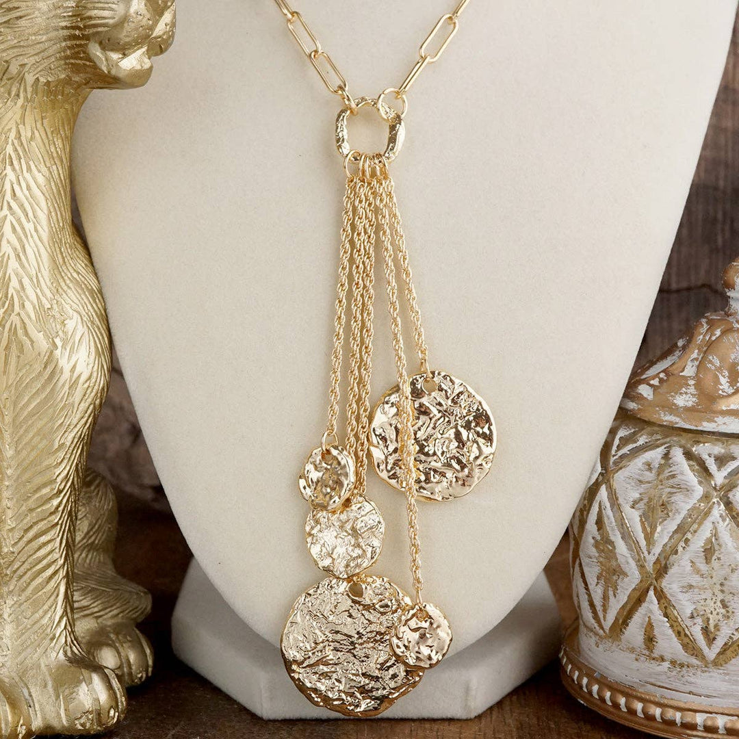 Gold Molten Multi Coin Cascading Tassel Long Necklace