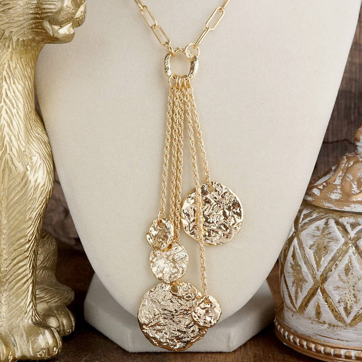 Gold Molten Multi Coin Cascading Tassel Long Necklace