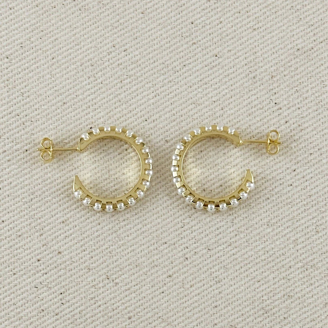 Gold-filled 22mm C-shaped hoops with white bead accents along the outer edge; post backs
