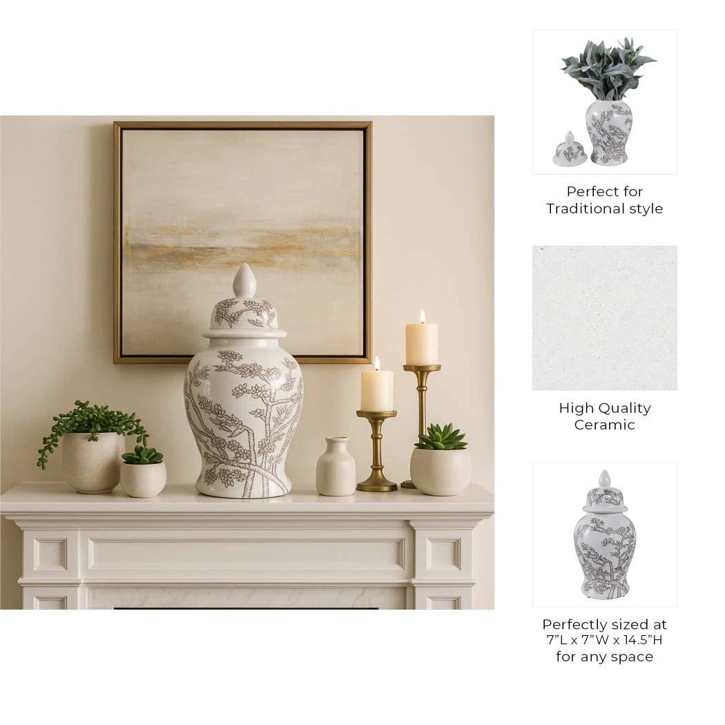 Temple Jar - White/Brown Ceramic Cherry Blossom, 15 in. Sagebrook Home