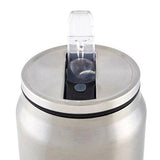 Brushed stainless steel can with clear flip-top sip lid and integrated straw