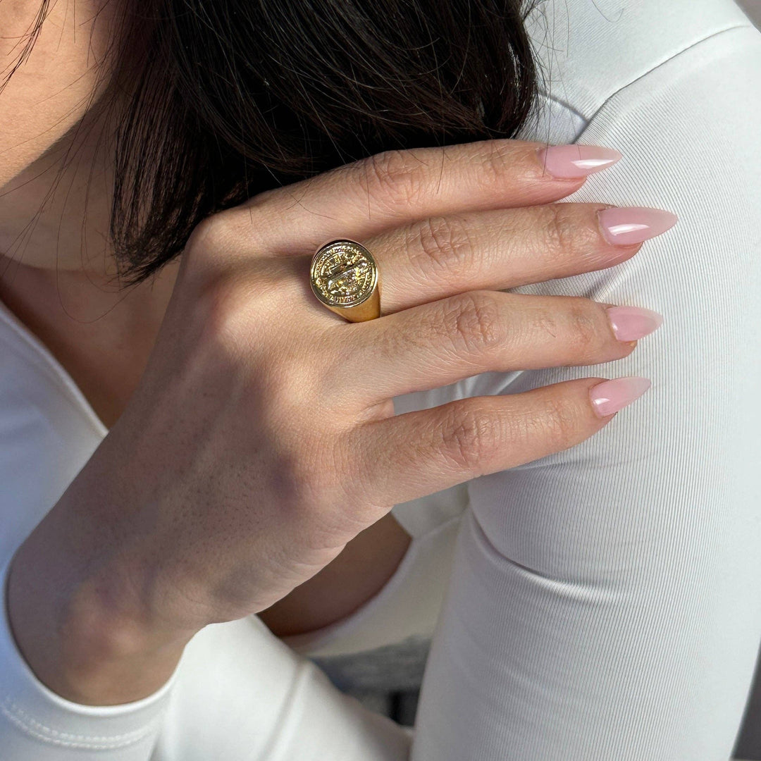 18k Gold Filled Saint Benedict Signet Ring GoldFi