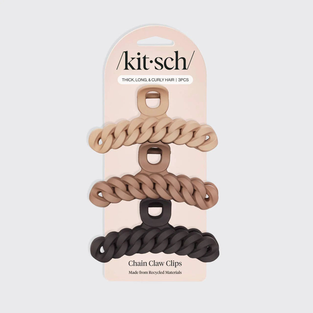 KITSCH Chain Claw Clips 3pc set in neutral tones (beige, taupe, black) made from recycled materials