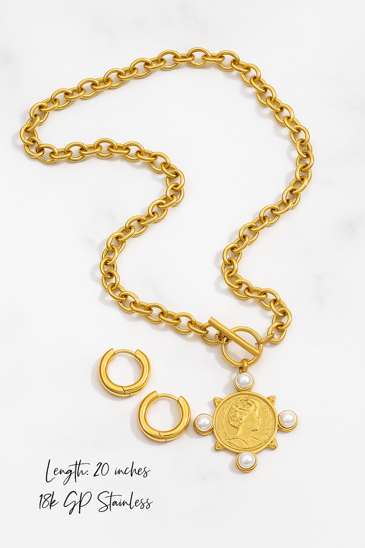 Coin &amp; Pearl Medallion Necklace - Stainless Steel
