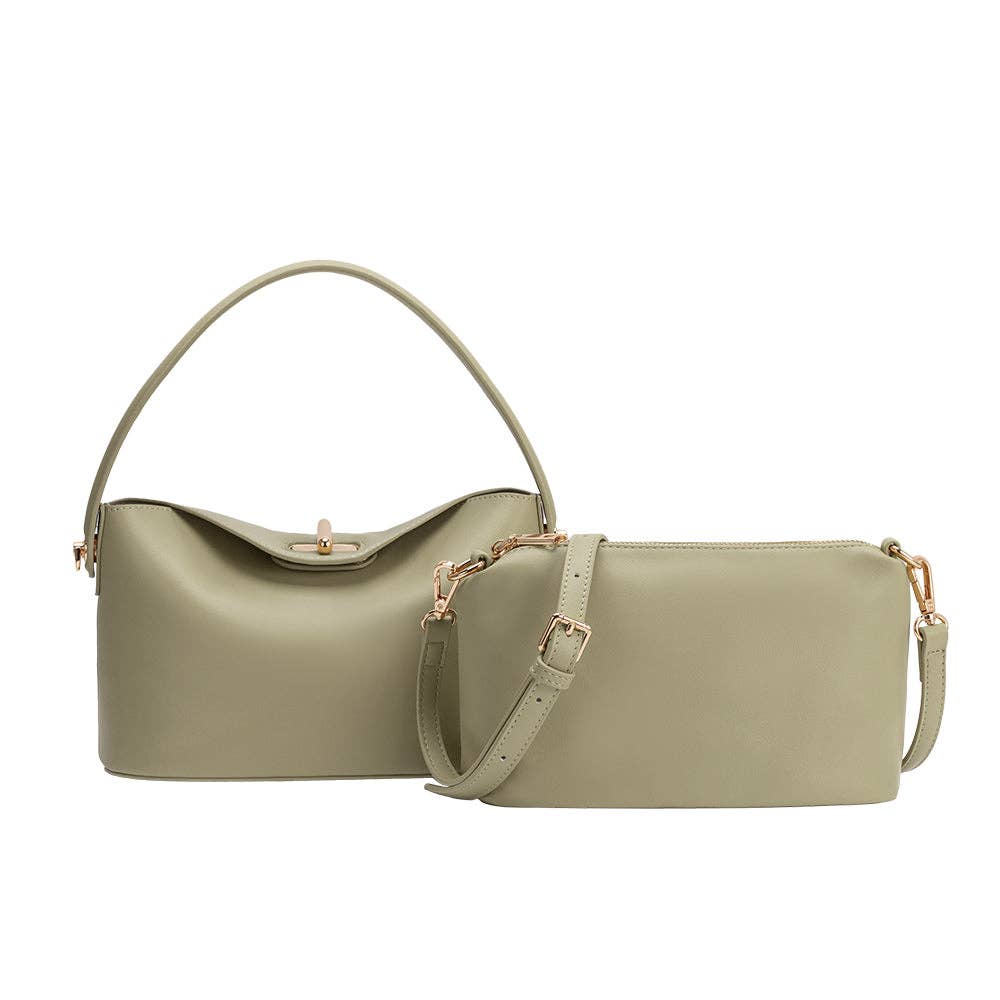 Sage-green recycled vegan leather bags: curved-top handheld bag and crossbody with adjustable strap, gold hardware.