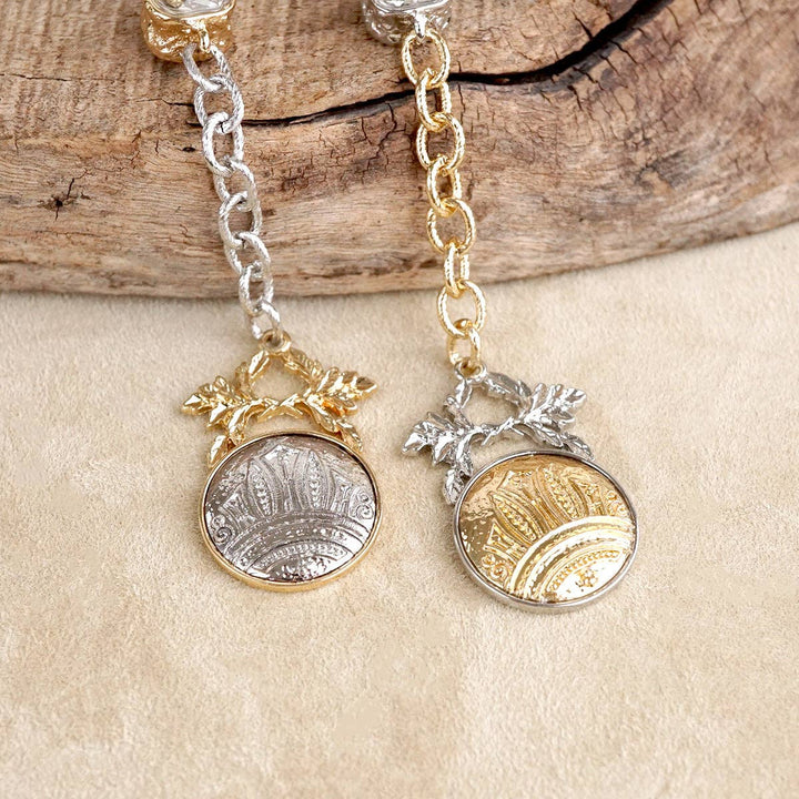 Two Tone Regal Crest Coin Crystal Lariat Necklace Gold Silver Tone