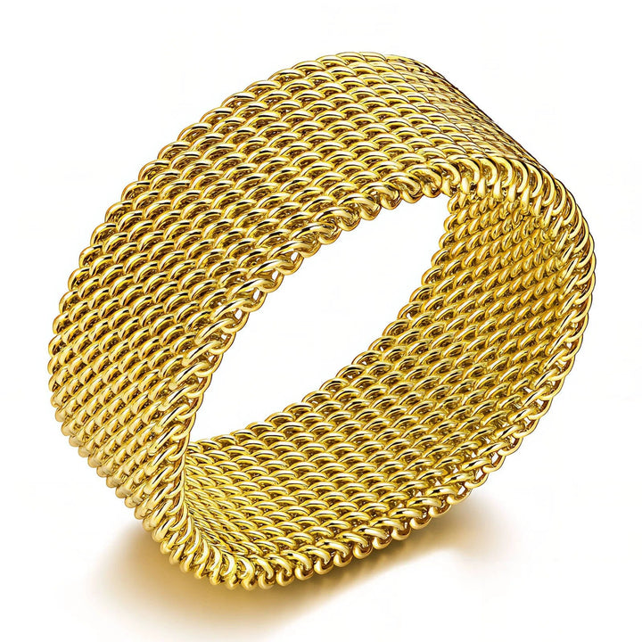 Wide gold-toned twisted chain-band ring with multiple interwoven links.