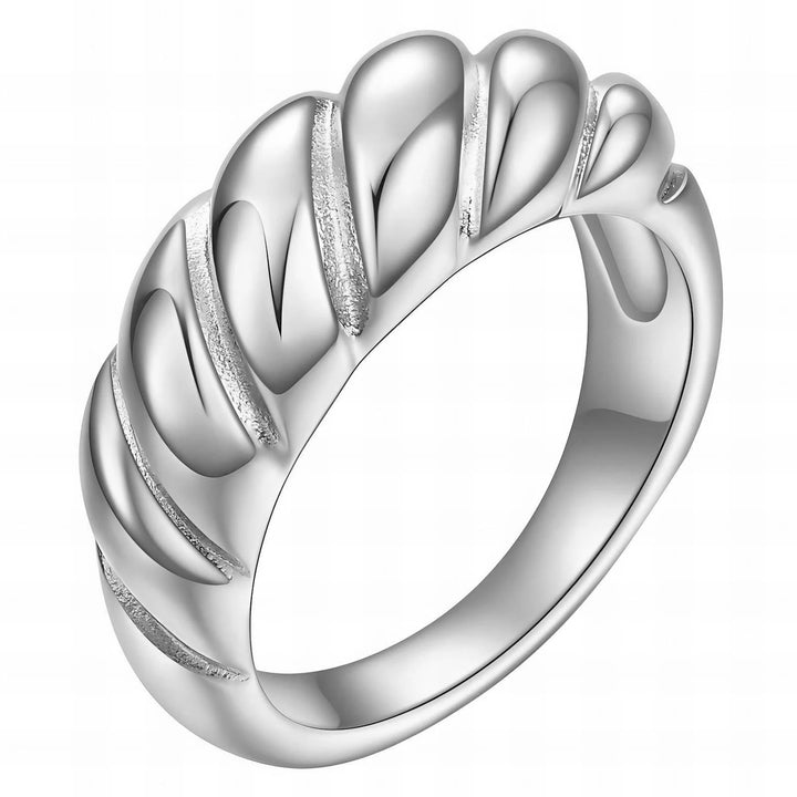 Silver minimalist stackable band ring with five rounded petal-like arches and textured grooves between them.