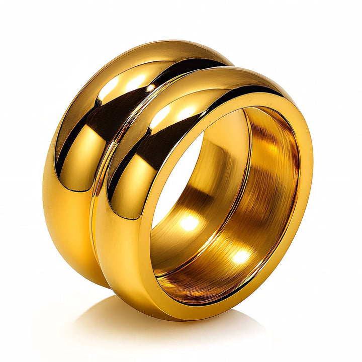Two thick, gold-plated stainless steel bands interlocked in a double-ring stack with a glossy, polished exterior.