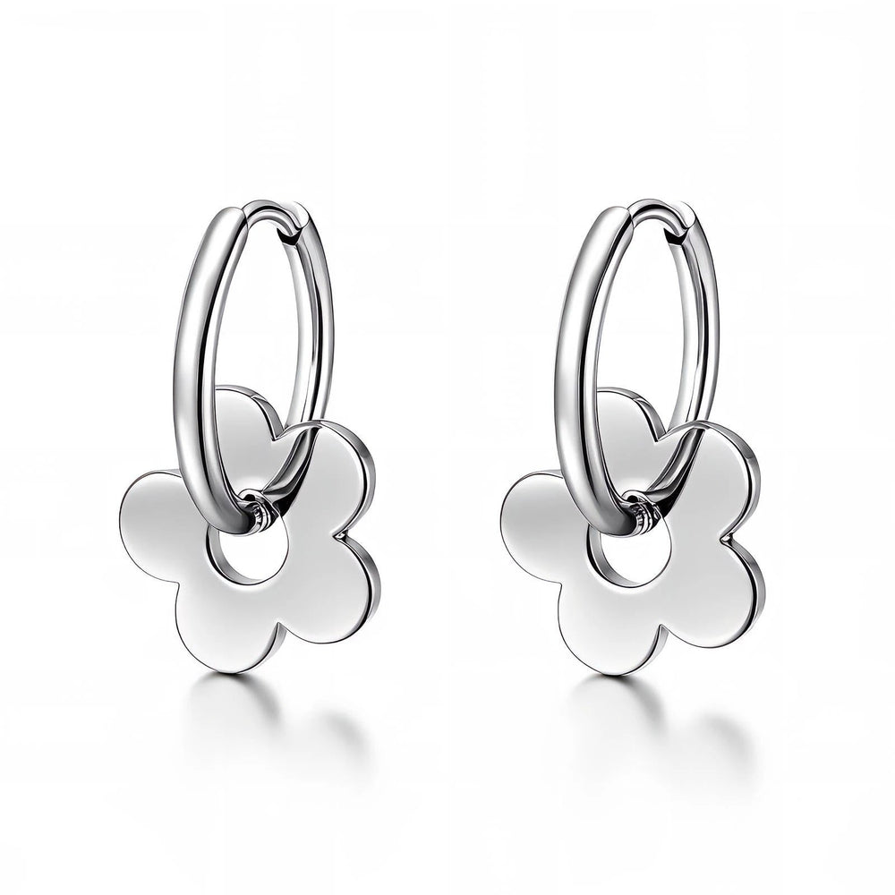 Pair of silver-tone stainless steel hoop earrings, each with a small flower-shaped charm hanging from the hoop.