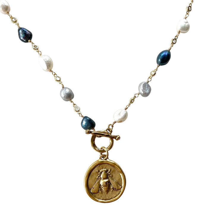 Denim pearl Bee medallion necklace