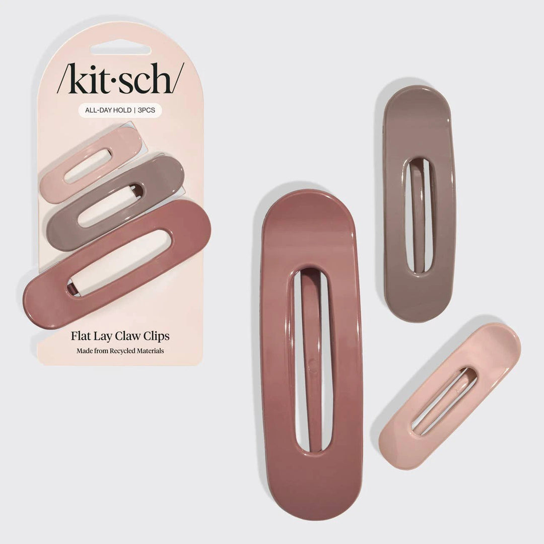 KITSCH Flat Lay Claw Clips 3pc set in glossy terracotta, blush pink, and taupe.