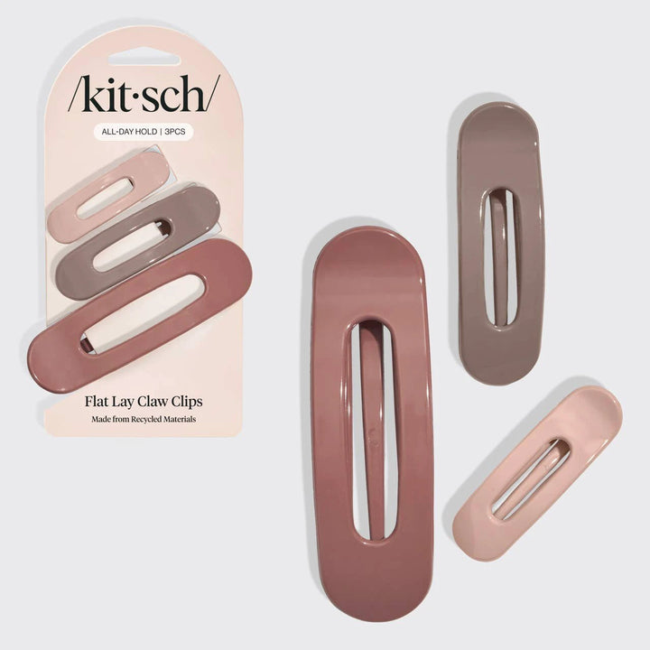 KITSCH Flat Lay Claw Clips 3pc set in glossy terracotta, blush pink, and taupe.