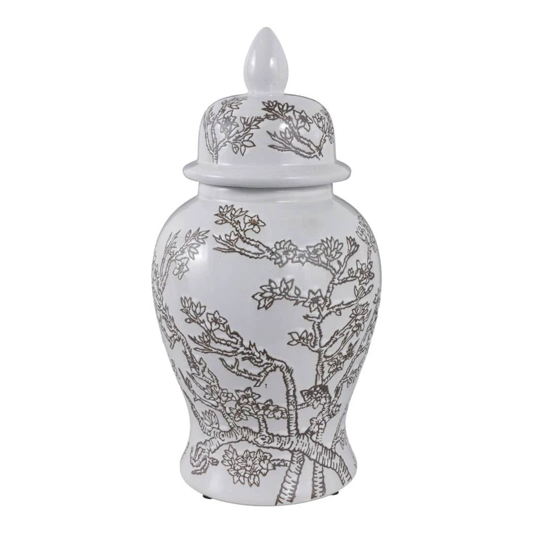 Temple Jar - White/Brown Ceramic Cherry Blossom, 15 in. Sagebrook Home