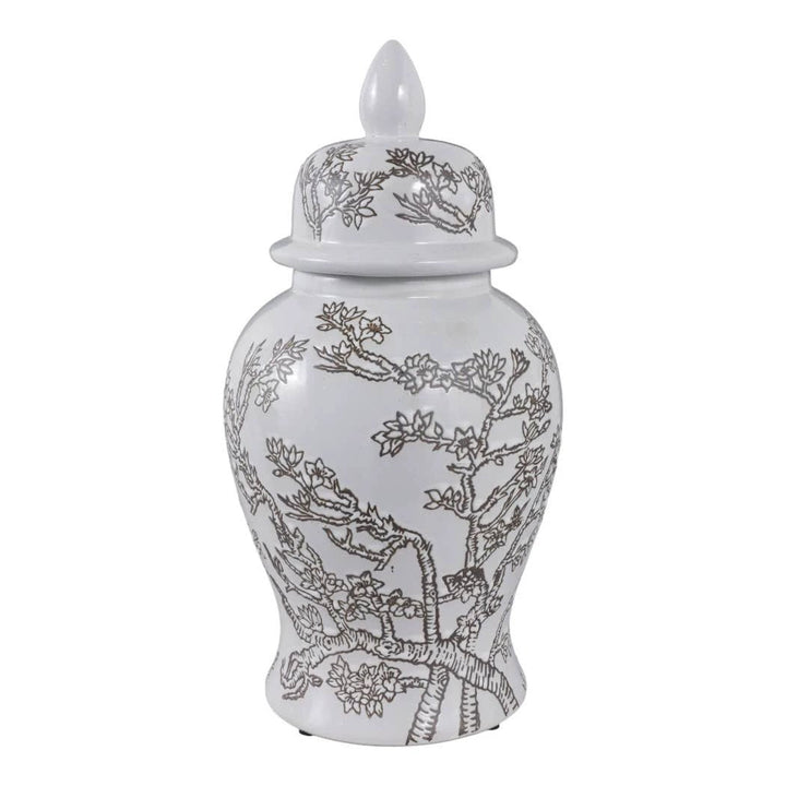 Temple Jar - White/Brown Ceramic Cherry Blossom, 15 in. Sagebrook Home