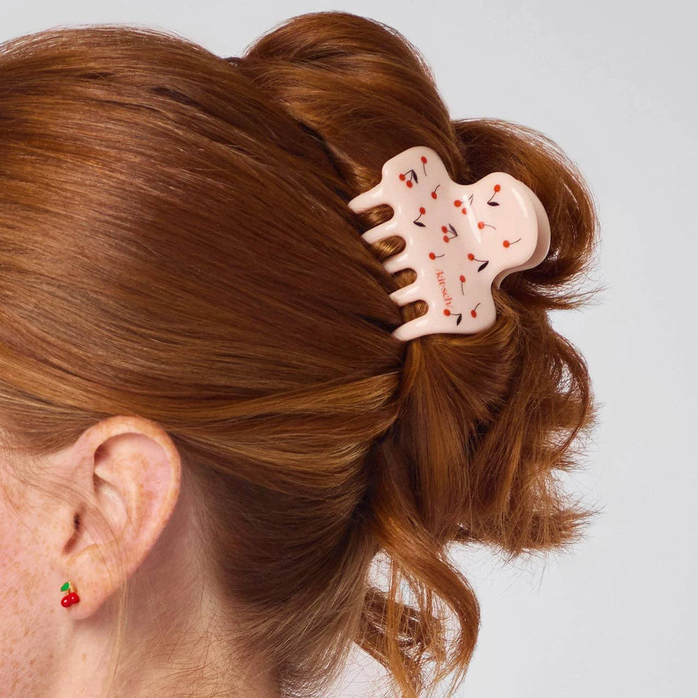 Recycled Plastic Medium Cloud Clip Cherry Print by Kitsch in pink-beige, a hair clip for twisting and clipping hair