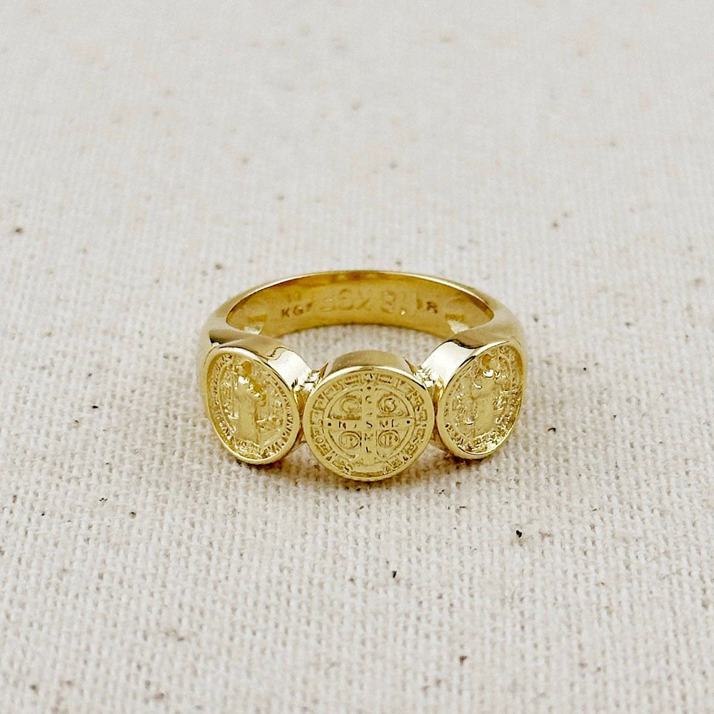 Gold-filled ring with three Saint Benedict medals on top; central larger medal flanked by two smaller ones.
