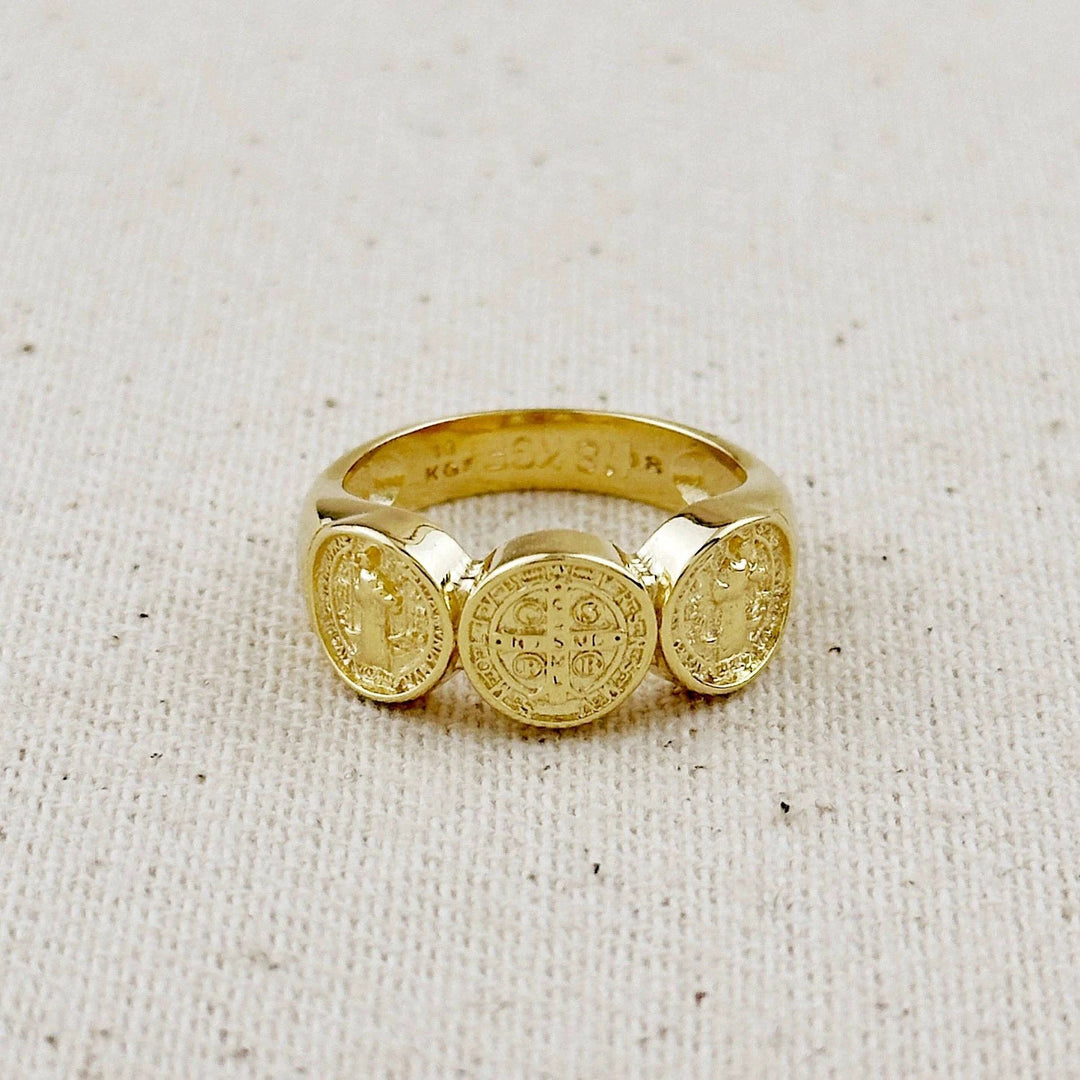 Gold-filled ring with three Saint Benedict medals on top; central larger medal flanked by two smaller ones.