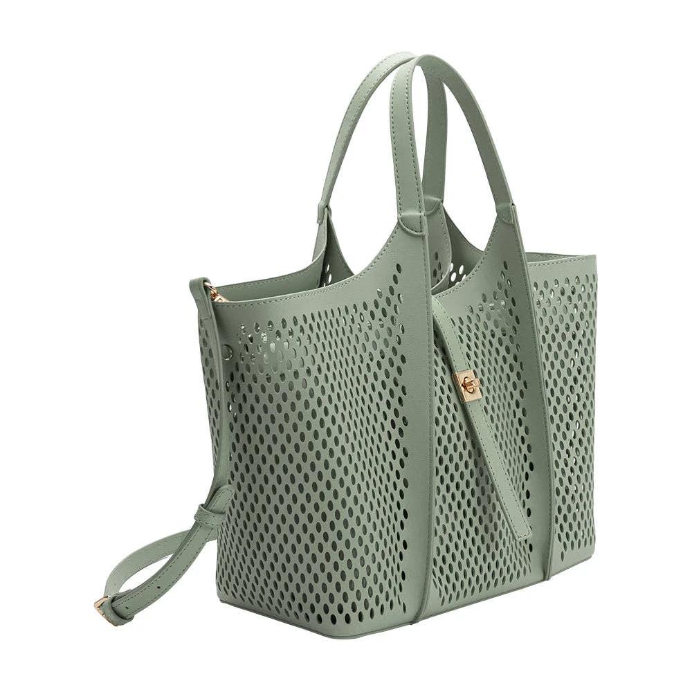 Malia Sage Laser Cut Vegan Leather Tote Bag with sage green perforated panels, dual top handles, and detachable strap.